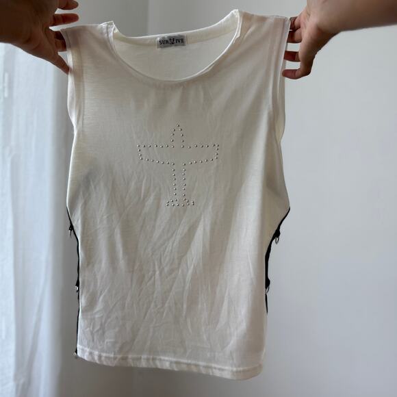 Vintage euro White Tank with Rhinestone Airplane & D-Ring Side Straps (S/M) - Picture 4 of 10